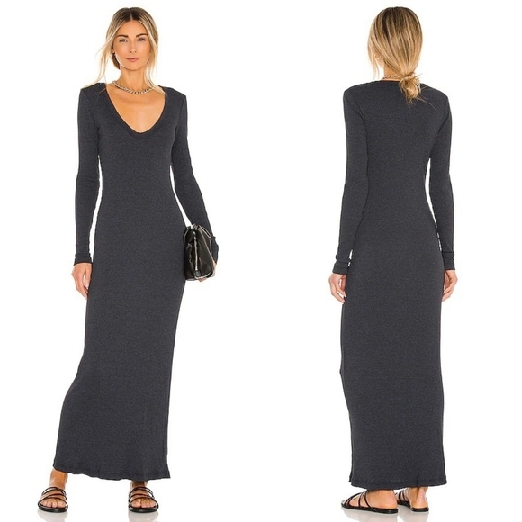 James Perse Dresses & Skirts - James Perse V-Neck Thermal Knit Midi Dress Elevated Basic Deep Gray Size S